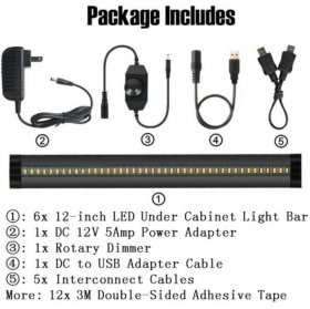 6 Pack 7mm Thick Black Finish LED Under Cabinet Lighting Kit Dimmable 1800LM CRI90 SMD2835 12V 30W with Dimmer & Power SUpply Included