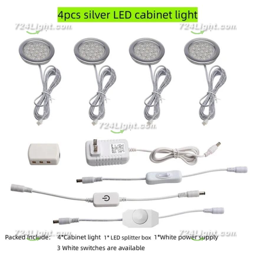 4pcs Pack Round LED Under Cabinet Lighting Stainless Steel LED Puck Light 2W 12VDC, 3 Switches Optional Controllable Puck Light for Motorhome, Caravan, Truck, Kitchen, Wine Cabinet, Wardrobe