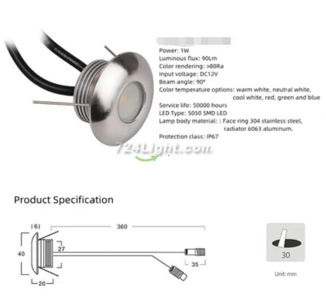 8PCS Pack 1W DC12V IP67 Recessed LED Wall Corner Light Outdoor LED Step Lights Stainless Steel Inground Light