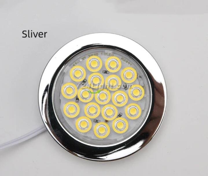 6pcs Packing Rounded LED Stainless Steel Under Cabinet Lighting 2W 12VDC 3 Switches are Available Controllable Puck Light for Motorhome, Caravan, Truck, Kitchen, Wine Cabinet, Wardrobe