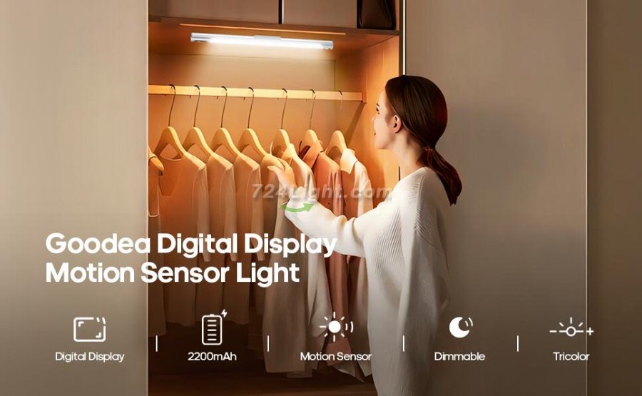 LED Motion Sensor Light Indoor, 2200mAh Rechargeable Closet Lights with Digital Display, 12.47in Wireless Under Cabinet Lighting for Closet, Wardrobe, Kitchen, Stair Indoor