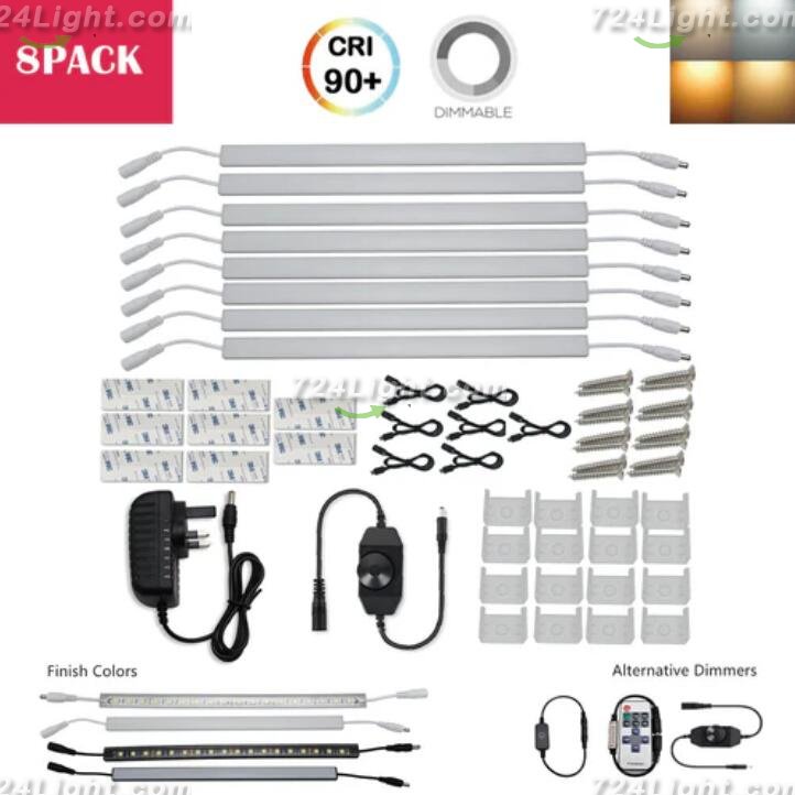 C-Series 8 Pack (8*3W) Dimmable CRI 90 Ultra Thin 12inch Linkable Linear LED Under Cabinet Lights with Dimmer & Power Adapter