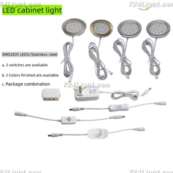 4pcs Pack Round LED Under Cabinet Lighting Stainless Steel LED Puck Light 2W 12VDC, 3 Switches Optional Controllable Puck Light for Motorhome, Caravan, Truck, Kitchen, Wine Cabinet, Wardrobe
