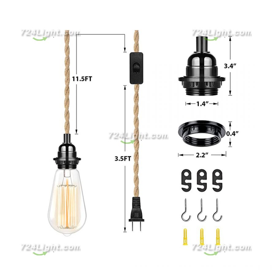 Plug In Hanging Light Fixture, 15ft E26 Bulb Socket with Switch Cord, Industrial Twisted Hemp Rope Headlamp