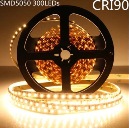 (image for) High CRI 90 LED Strip Lights, 5Meters (16.4ft) SMD5050-300, 60 LEDs 900LM Per Meter, DC 12V Dimmable Flexible LED Strips,10mm Wide Tape