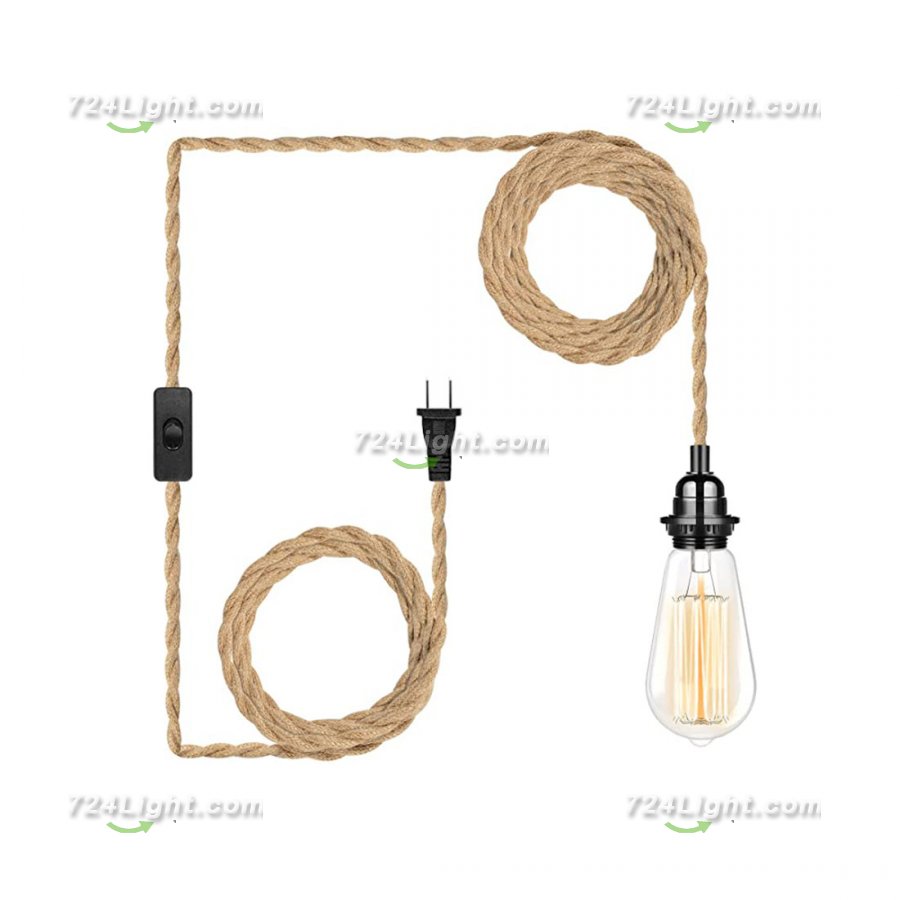 Plug In Hanging Light Fixture, 15ft E26 Bulb Socket with Switch Cord, Industrial Twisted Hemp Rope Headlamp