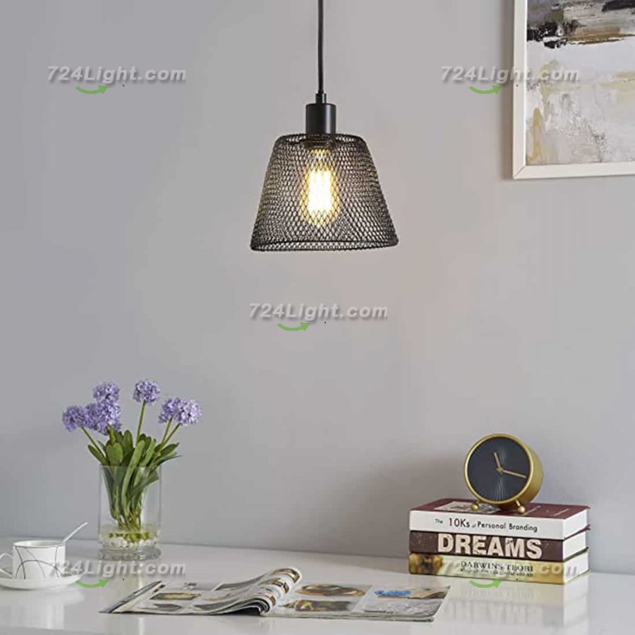 Black cage metal plug pendant light, industrial with on/off switch, for living room, bedroom and farmhouse