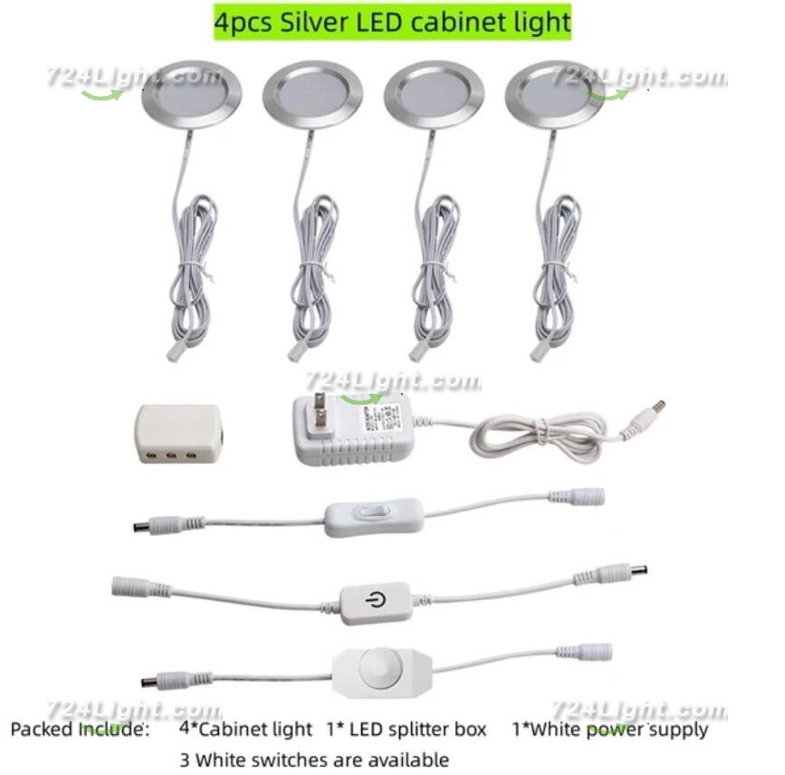 4pcs Pack LED Under Cabinet Lighting 2.5W 12VDC Ultra Thin, 3 Switches are Available Controllable Puck Light for Motorhome, Caravan, Truck, Kitchen, Wine Cabinet, Wardrobe