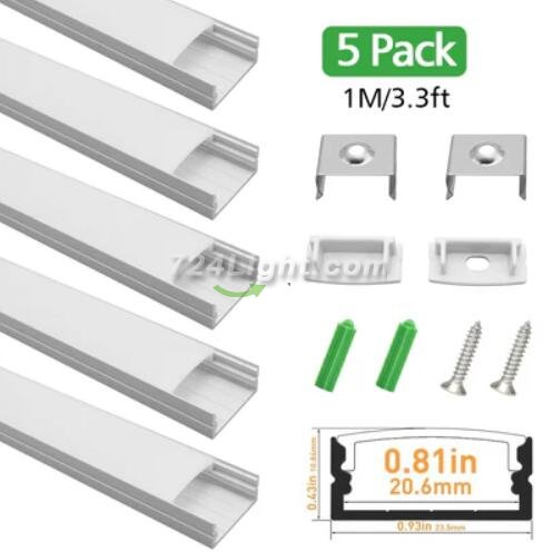 Silver U04 10x23mm U-Shape LED Aluminum Profile Aluminum Extrusion for LED Strip Light Installation