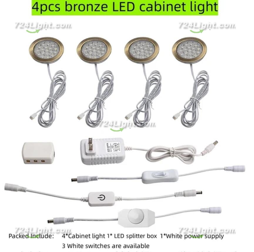 4pcs Pack Round LED Under Cabinet Lighting Stainless Steel LED Puck Light 2W 12VDC, 3 Switches Optional Controllable Puck Light for Motorhome, Caravan, Truck, Kitchen, Wine Cabinet, Wardrobe