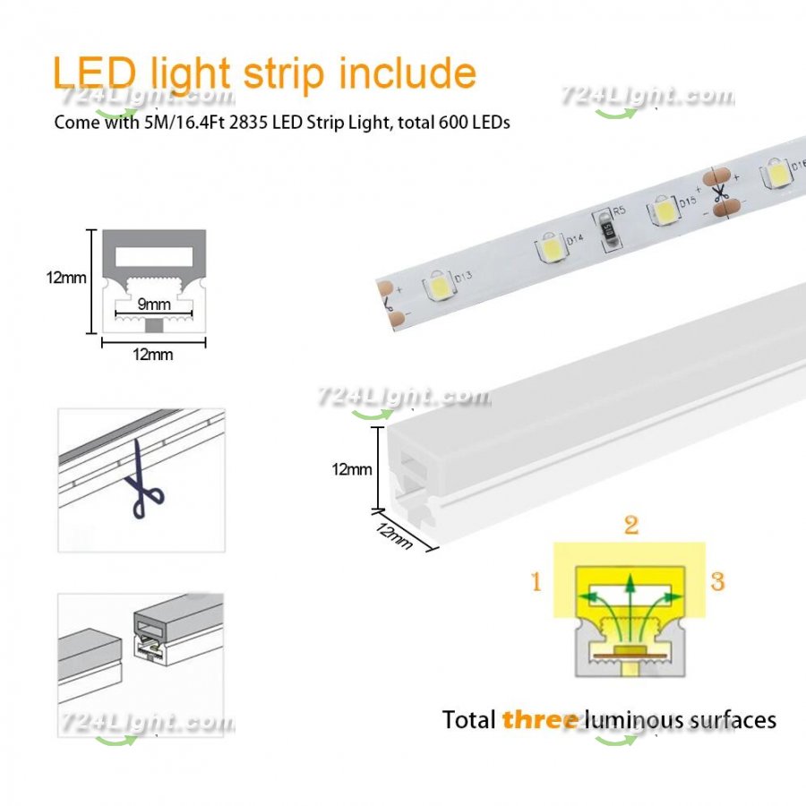 16.5ft/5M DC12V T1212 Silicone Waterproof Neon Flexible Strip LED Lights with 600LED SMD3528 LED