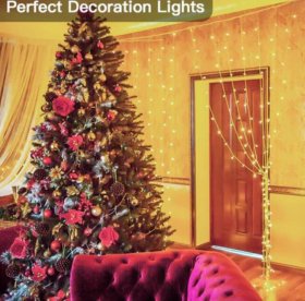300 LED Curtain Lights 9.8FT by 9.8FT, 8 Lighting Modes Warm White Window Curtain String Lights with Remote USB Powered, Home Party Christmas Bedroom Indoor Outdoor Decor