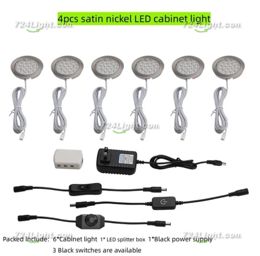 6pcs Packing Rounded LED Stainless Steel Under Cabinet Lighting 2W 12VDC 3 Switches are Available Controllable Puck Light for Motorhome, Caravan, Truck, Kitchen, Wine Cabinet, Wardrobe