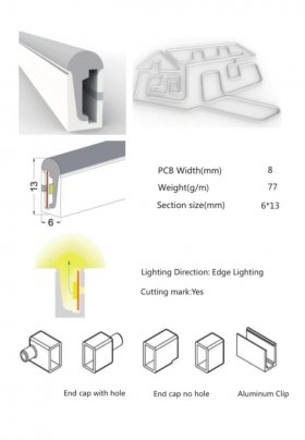 1M/5M/10M/20M Pack of T0613 Edge Lighting LED Neon Light Housing Kit with End Caps and Mounting Clips, Flexible Neon Channel Fit for 8mm Wide LED Strip Lights