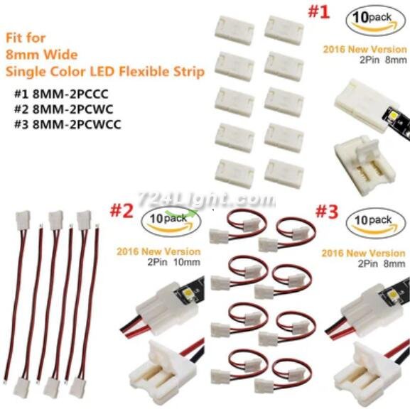 10pcs/Pack New LED Strip Connector Solderless Snap Down 2 Pin Strip to Strip Gapless Jumper for 8mm Wide 3528 2835 Single Color Flex LED Strips