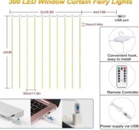 300 LED Curtain Lights 9.8FT by 9.8FT, 8 Lighting Modes Warm White Window Curtain String Lights with Remote USB Powered, Home Party Christmas Bedroom Indoor Outdoor Decor