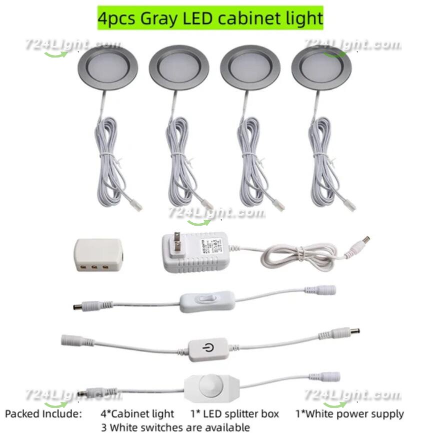 4pcs Pack LED Under Cabinet Lighting 2.5W 12VDC Ultra Thin, 3 Switches are Available Controllable Puck Light for Motorhome, Caravan, Truck, Kitchen, Wine Cabinet, Wardrobe