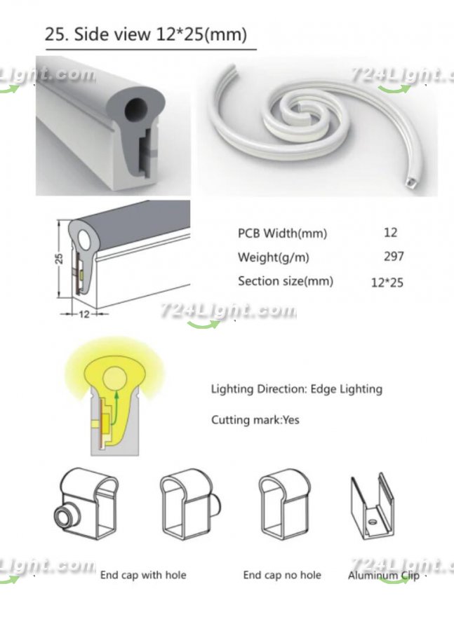 1M/5M/10M/20M Pack of T1225 LED Neon Light Housing Kit with End Caps and Mounting Clips, Flexible Neon Channel Fit for 12mm Wide LED Strip Lights