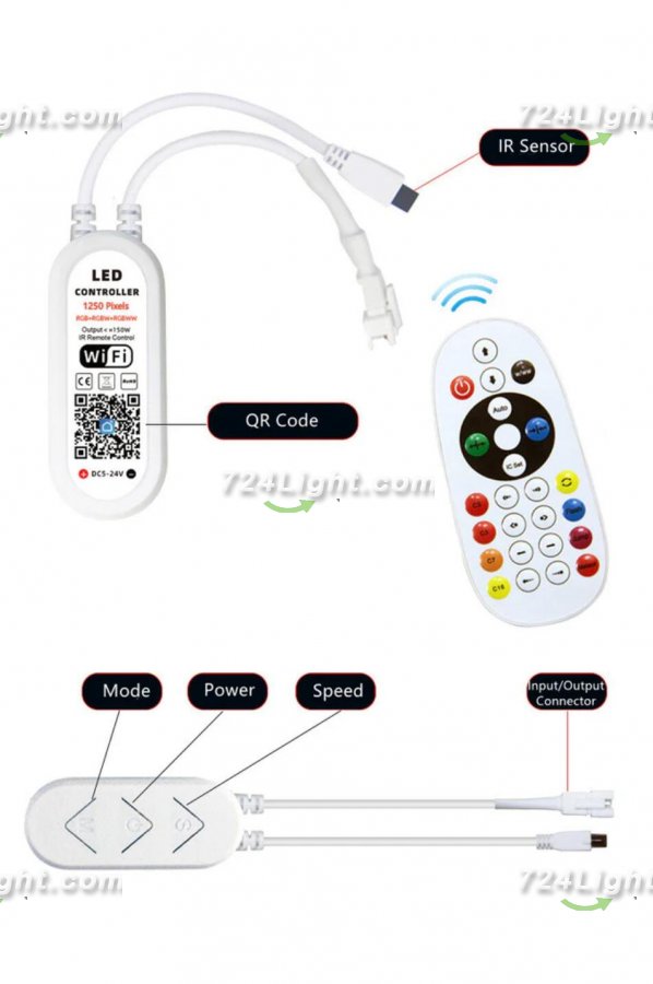 RGB, RGBW, RGBWW SPI LED Controller WiFi Music Controller for Addressale LED Strips and Panels Support WS2811 WS2815 WS2801 SK6812 WS2813 SK9822 APA102C etc iOS/Android App Control