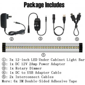 3pcs Pack Silver Finish LED Under Cabinet Lighting Kit Dimmable CRI90 Ultra Thin SMD2835 12V 15W 900 Lumens with Dimmer & Power Supply Included