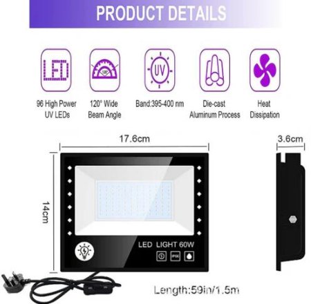 (image for) 2 Pack Black Lights - 60W 385-400nm AC85-265V Upgraded LED Flood Light with Switch, Waterproof IP66 for Glow Party, Stage Lighting, Aquarium, Glow in The Dark, Body Paint, Fluorescent Poster, Neon Glow