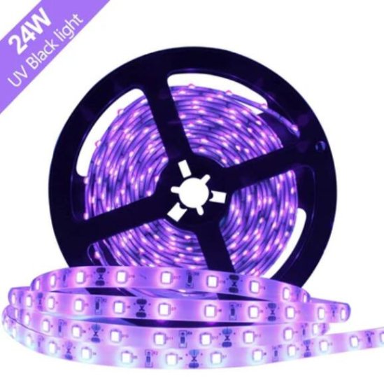(image for) 24W UV Black Light LED Strip 16.4FT/5M UV 3528 300LEDs 395nm-405nm Waterproof LED Strip Light for Night Fishing,Party w/ 12V 2A Power Supply