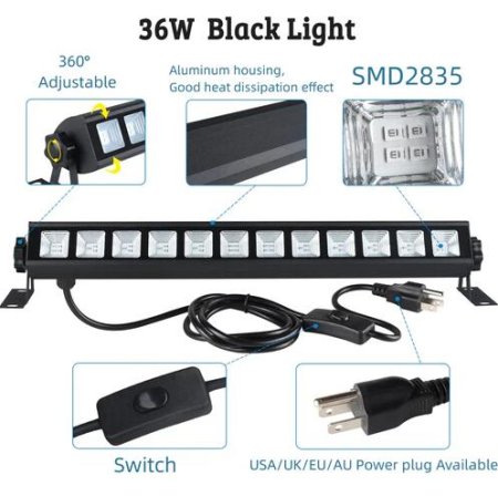 (image for) 36W 385-400nm LED Black Light Bar, Black Lights for Glow Party, Black light with Plug &Switch, Glow Light for Halloween, Fluorescent Body Paint, Stage Lighting