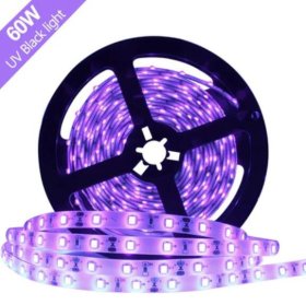 60W UV Black Light LED Strip, 16.4FT/5M 2835 300LEDs 395nm-405nm Waterproof IP65 Night Fishing Sterilization Party w/12V 5A Power Supply