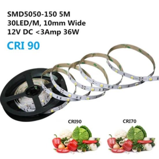 (image for) High CRI 90 LED strip, 5Meter Roll SMD5050-150 30 LEDs 450lm Per Meter 12V LED Strip Light,10mm Wide Tape