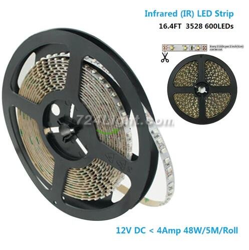 (image for) DC12V SMD3528-600-IR InfraRed 850nm | 940nm Flexible IR LED Strips, 120LEDs 9.6W Per Meter Tape Light