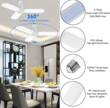 (image for) 45W Deformable LED Garage Ceiling Lights 4500LM 6500K White 400 Watt Equivalent CRI80+ E26/E27 Base