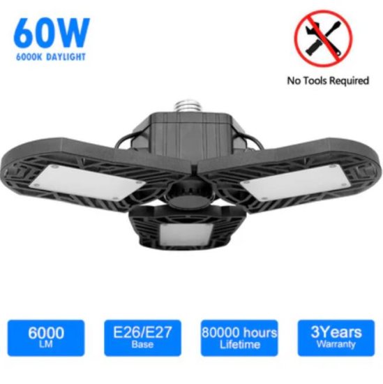 (image for) LED Garage Light 60W CRI 80 6000LM 6000K Deformable E26/E27 Base LED Ceiling Light for Garage