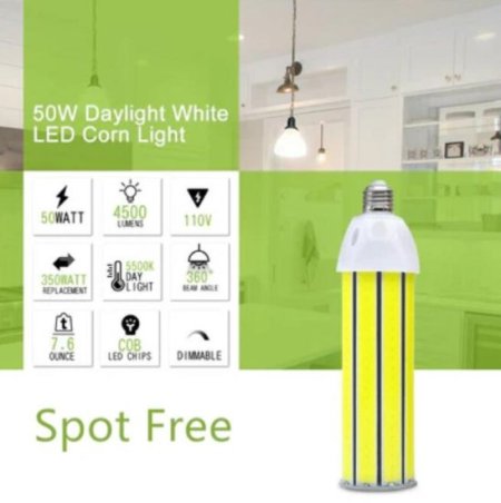 (image for) LED Corn Light Bulb 50W, Daylight White 5500K, 4500Lumens, E26/E27 Base, COB LED Chips (210Pcs), for Indoor Outdoor Garage Factory Warehouse