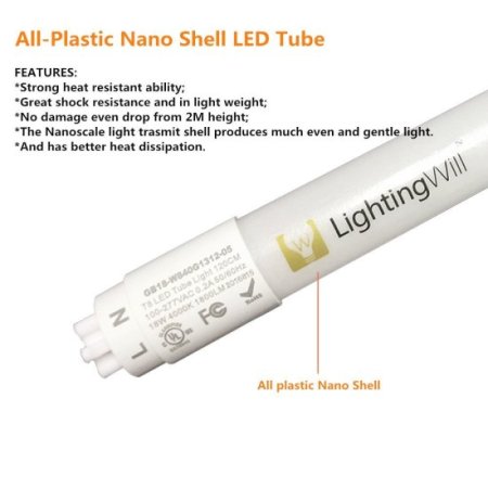 (image for) Free shipping 20pcs * UL Listed T8 LED Tube Light 4FT 18W LED Bulb (45W Fluorescent Tube Equivalent), 1800LM, Daylight White 5000K, Nano Shell, Frosted Cover, Single Ended Power, G13 Lighting Fixture