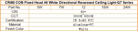 (image for) LED Downlight 5W/7W/12W/15W/24W CRI80 COB Fixed Head All White Directional Recessed Ceiling Light-Q7 Series