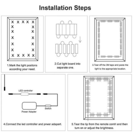 (image for) DIY Hollywood Style LED Vanity Mirror Lights Kit Dimmable Lighting, 10FT/20W-60leds, Daylight White, Waterproof IP67 with dimmable and power supply