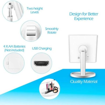 (image for) Tri-Fold LED Makeup Mirror w/ 360° Rotation, 3x/2x Magnification, 32 LEDs, Touching Dimmer and Dual Power Supply for Lighted Vanity Mirror