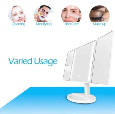 (image for) Tri-Fold LED Makeup Mirror w/ 360° Rotation, 3x/2x Magnification, 32 LEDs, Touching Dimmer and Dual Power Supply for Lighted Vanity Mirror
