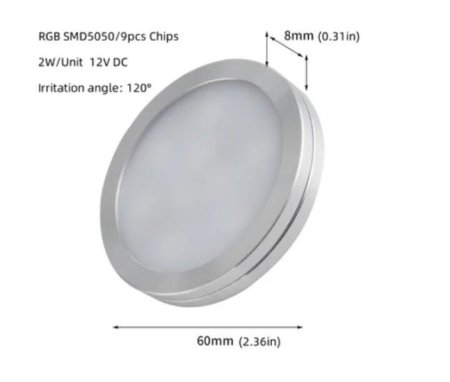 (image for) RGB LED Under Cabinet Lighting Silver Rounded Aluminum Alloy Shell 2W 12VDC Puck Light for Motorhome, Caravan, Truck, Kitchen, Wine Cabinet, Wardrobe