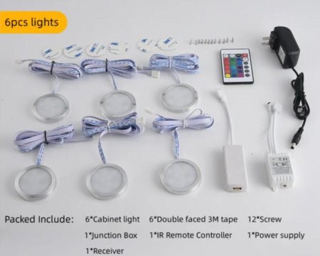 (image for) RGB LED Under Cabinet Lighting Silver Rounded Aluminum Alloy Shell 2W 12VDC Puck Light for Motorhome, Caravan, Truck, Kitchen, Wine Cabinet, Wardrobe