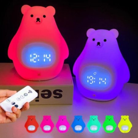 (image for) White Bear Clock and LED Night Light Rechargeable RGB Color Nursery Lamp Remote Controlled for Baby Girls Boys