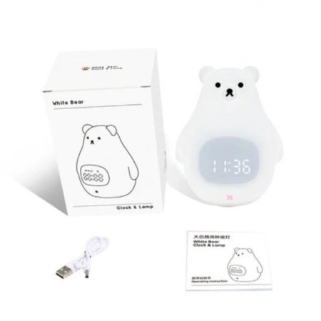 (image for) White Bear Clock and LED Night Light Rechargeable Nursery Lamp with Timer for Baby Girls Boys