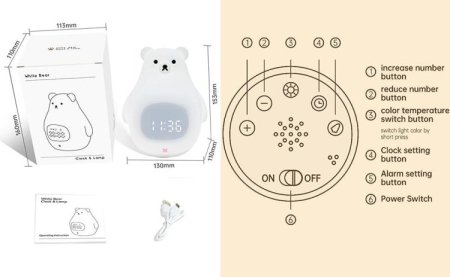 (image for) White Bear Clock and LED Night Light Rechargeable Nursery Lamp with Timer for Baby Girls Boys