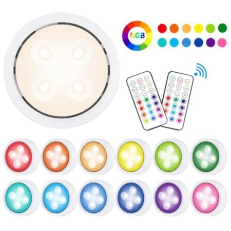 (image for) 6 Pack LED Puck Lights with Remote, White Finish RGBW Color Changing Under Cabinet Lights Wireless,13 Colors Changeable LED Closet Light Dimmable,AA Battery Operate Push Night Lights with Timer Function