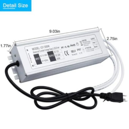 (image for) Waterproof IP67 LED Power Supply 110V AC to 12V DC Driver Transformer 3-Prong Plug 3.3 Feet Cable