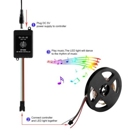 (image for) SP106E LED Music Controller, Sound Activated Wireless RF Remote Dream Color LED Controller for WS2812B WS2811 WS2812 RGB LED Strip Lights Sync to Music