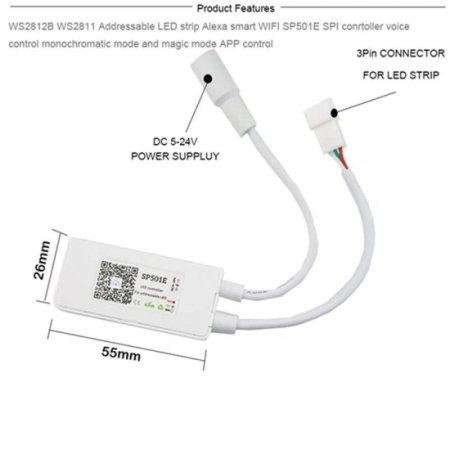 (image for) SP501E WiFi LED Controller Compatible with Alexa for Addressable IC RGB Strip WS2812bB SK6812 UCS1903 DC5-24V 900pixel Support 2.4G WiFi