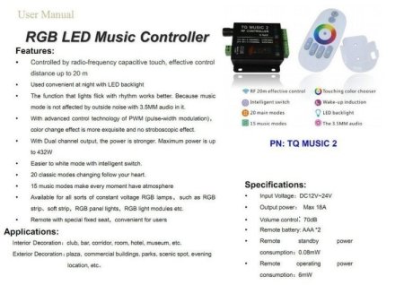 (image for) DC12-24V 18A RGB Music Controller RF Wireless Remote Controller Intelligent Sonic Sensitivity Led Backlight Remote