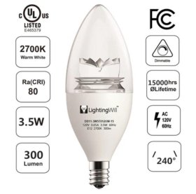 UL CUL Approved 3.5W 300 Lumen LED Candle Light Bulb Dimmable 2700K Warm White Color in E12 Edison Screw Base, 40 Watt Incandescent Lamp Equivalent