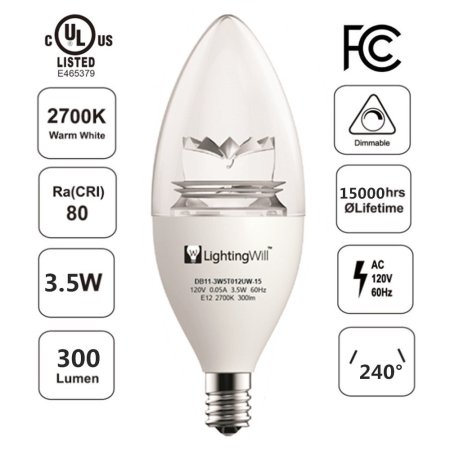 (image for) Free Shiping 4pcs * UL LED Candle Light UL CUL Approved 3.5 Watt 300 Lumen LED Candle Light Bulb Dimmable 2700K Warm White Color in E12 Edison Screw Base, 40 Watt Incandescent Lamp Equivalent